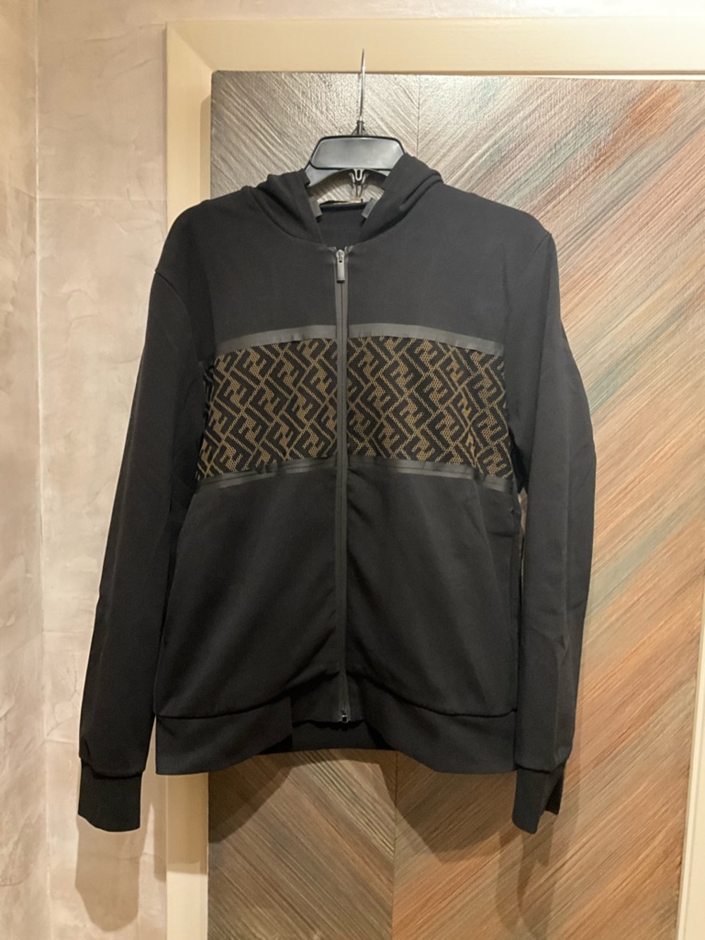 Fendi Black Hoodie with Brown FF Jacquard Panel